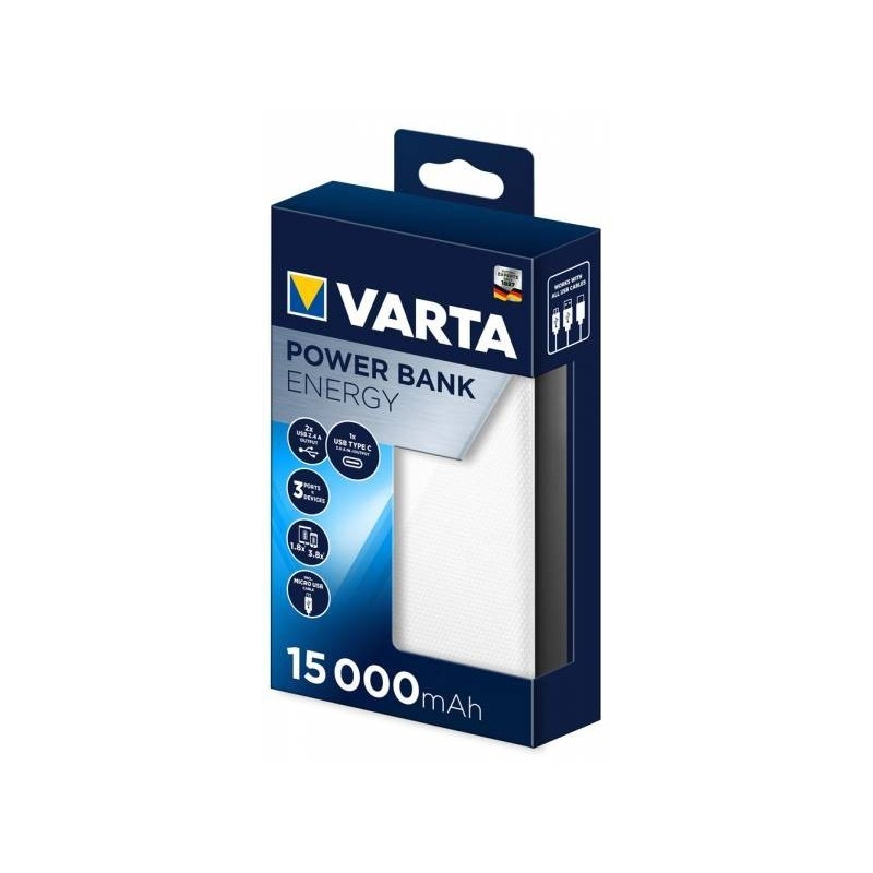 Isorine baterija POWER BANK VARTA 15000mAh (2xUSB 1xUSB-C LCD) balta