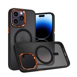 Dėklas Carbon Magnetic Apple iPhone 12 / 12 Pro MagSafe juodas su oranžine