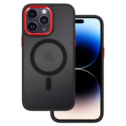 Dėklas Carbon Magnetic Apple iPhone 14 Pro MagSafe juodas su raudona