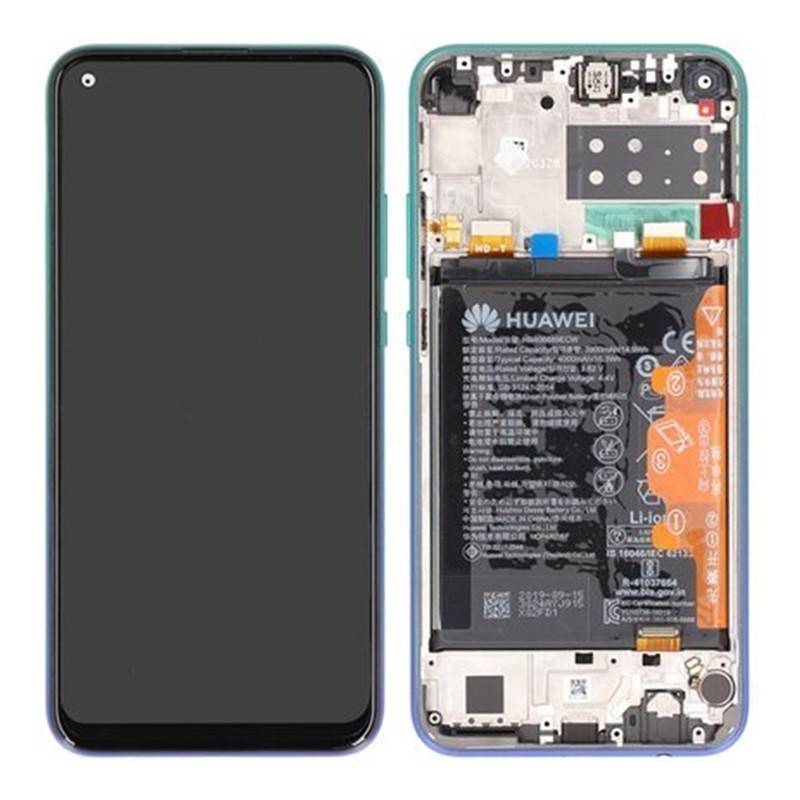 Ekranas Huawei P40 Lite E su lietimui jautriu stikliuku su remeliu ir baterija Aurora blue originalu