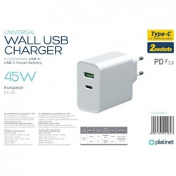 Ikroviklis Platinet QuickCharge Type-C+USB 2.4A (45W) baltas