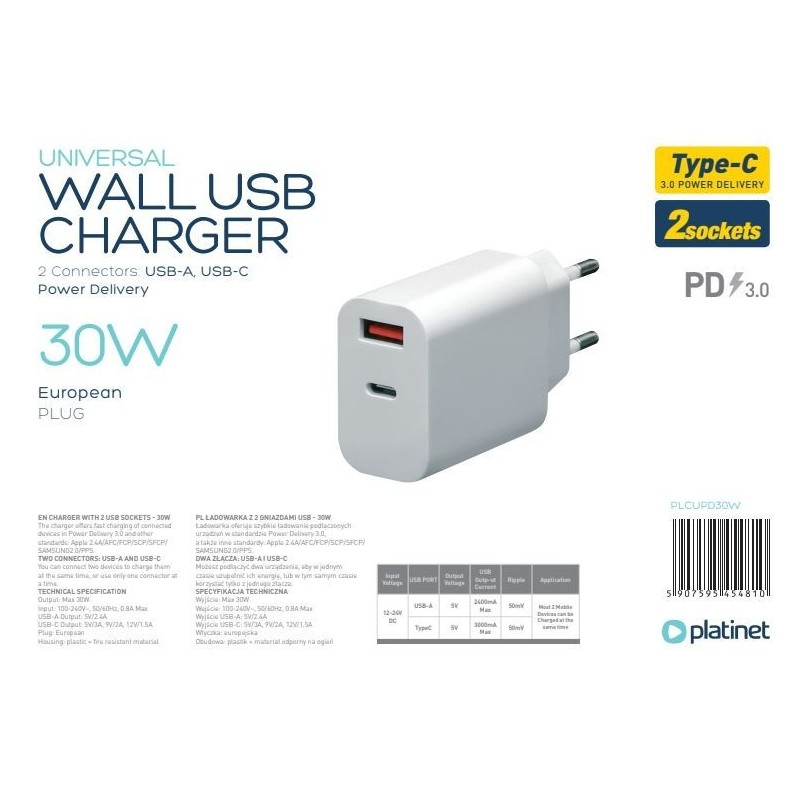 Ikroviklis Platinet QuickCharge Type-C+USB 2.4A (30W) baltas