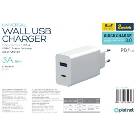 Ikroviklis Platinet QuickCharge Type-C+USB 3.0A (18W) baltas