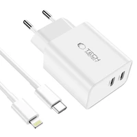 Tech-Protect C35W 2x USB-C PD 35W sieninis įkroviklis su USB-C / Lightning kabeliu - baltas