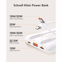 VEGER išorinė baterija 10000 mAh su įmontuotais kabeliais Type C / Lightning PD QC3.0 2A 22,5W C11C (W1170) balta