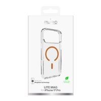 Puro Lite Mag TPU+PC magnetinis dėklas telefonui iPhone 17 Pro - permatomas su oranžiniu žiedu