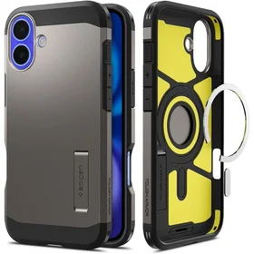 Spigen Tough Armor Magnetinis dėklas su stovu iPhone 16 - tamsus metalas