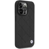 Dėklas telefonui BMW BMHCP14L22RQDK iPhone 14 Pro 6.1 - juodas odinis klostuotas raštas