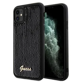 Guess Blizgučiai užrašas metalinis dėklas telefonui iPhone 11 / Xr - juodas