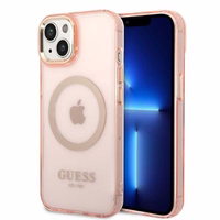 Guess GUHMP14MHTCMP iPhone 14 Plus 6.7" rožinis/rožinis kietas dėklas Auksinis kontūras Permatomas Magnetinis