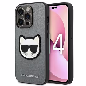 Karl Lagerfeld Saffiano Choupette Head Patch dėklas telefonui iPhone 14 Pro Max - sidabrinis