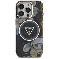 Guess Glitter Flowers Triangle Buttons Magnetinis dėklas telefonui iPhone 16 Pro - juodas