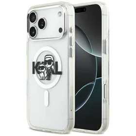 Karl Lagerfeld IML blizgantis Karl & Choupette eskizo logotipo magnetinis dėklas telefonui iPhone 17 Pro Max - skaidrus