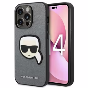 Karl Lagerfeld Saffiano Karl's Head Patch dėklas telefonui iPhone 14 Pro - sidabrinis
