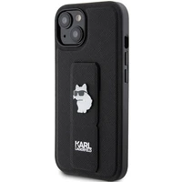 Karl Lagerfeld Gripstand Saffiano Choupette Pins dėklas telefonui iPhone 15 Plus / 14 Plus - juodas
