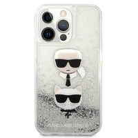 Karl Lagerfeld Skystas Glitter Karl&Choupette Galvos dėklas iPhone 13 Pro Max - sidabrinis