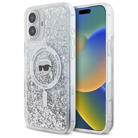Karl Lagerfeld skystas blizgučių Karl galvos MagSafe dėklas iPhone 16 Plus - skaidrus