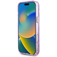 Guess Dėklas telefonui iPhone 16 Pro Max su MagSafe – blizgantys gėlių motyvai, trikampio formos mygtukai, violetinis