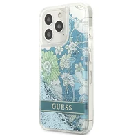 Guess GUHCP13XLFLSN iPhone 13 Pro Max 6.7" žalias/žalias kietasis dėklas su gėlių skysčio blizgučiais