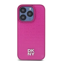 DKNY Odinis monogramos rašto metalinis logotipas Magnetinis dėklas iPhone 15 Pro - rožinė