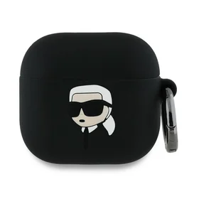 Karl Lagerfeld silikoninis Karl galvos 3D dėklas AirPods 4 - juoda