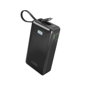 Išorinė baterija SBS 10000 mAh 20W su įmontuotu USB-C kabeliu ir skaitmenine indikacija - juoda