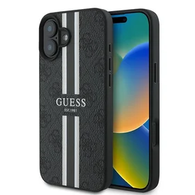 Guess 4G Spausdintų juostų MagSafe dėklas telefonui iPhone 16 Plus - juodas