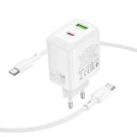 Borofone sieninis įkroviklis BN30 Cargador GaN - USB + Type C - QC 3.0 PD 45W su Type C į Type C kabeliu baltas