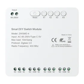 ZigBee 4 kanalų jungiklio modulis su beįtampiu DC 32V kontaktu Avatto ZWSMMD-4-250V