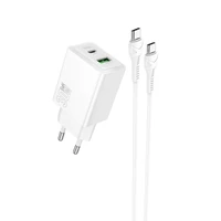 Įkroviklis Hoco N71 30W GaN USB-C/USB-A + USB-C to USB-C cable 1.0m baltas
