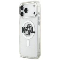 Karl Lagerfeld IML blizgantis Karl & Choupette eskizo logotipo magnetinis dėklas telefonui iPhone 17 Pro Max - skaidrus