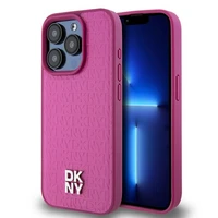 DKNY Odinis monogramos rašto metalinis logotipas Magnetinis dėklas iPhone 15 Pro - rožinė