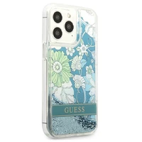 Guess GUHCP13LLFLSN iPhone 13 Pro / 13 6.1" žalias/žalias kietas dėklas gėlių skystas blizgučiai