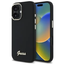 "Guess" silikoninis metalinis dėklas su logotipu ir rėmeliu, skirtas iPhone 16 - juodas