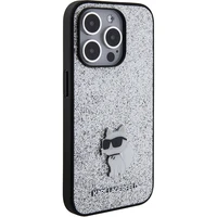 Karl Lagerfeld Fixed Glitter Choupette Logo Metal Pin Dėklas telefonui iPhone 15 Pro Max - sidabrinis