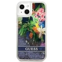 Guess GUHCP13SLFLSB iPhone 13 mini 5.4" mėlynas kietas dėklas gėlių skystas blizgučiai