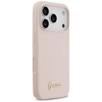 Guess Silikoninis Raštas Metalinis Logo Magnetinė dėklas telefonui iPhone 17 Pro - Rožinė