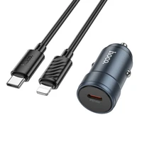 Automobilinis įkroviklis Hoco USB C QC3.0 PD 30W + kabelis USB C į Lightning Z57 metalinis pilkas