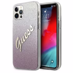 Guess GUHCP12LPCUGLSPI iPhone 12 Pro Max 6.7" rožinis kietasis dėklas Glitter Gradient Script