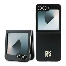DKNY Dėklas telefonui Samsung Galaxy Z Flip6 odinis metalinis su Stack Logo - juodas