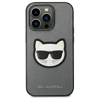 Karl Lagerfeld Saffiano Choupette Head Patch dėklas telefonui iPhone 14 Pro Max - sidabrinis