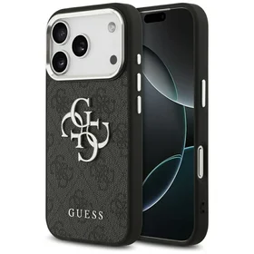 GUESS dėklas telefonui IPHONE 17 Pro GUHCP17LP4G4SMCK (4G PU odos dėklas su dideliu 4G ir klasikiniu logotipu bei sidabriniu metaliniu kameros rėmeliu) juodas