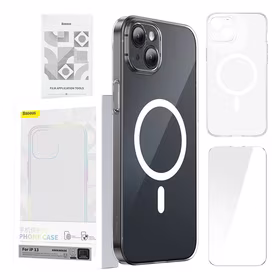 Dėklas telefonui Baseus Magnetinis Crystal Clear iPhone 13 (skaidrus) su apsauginiu stiklu ir valymo rinkiniu