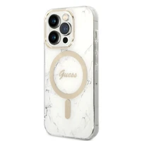 Rinkinys Guess GUBPP14LHMEACSH dėklas + įkroviklis iPhone 14 Pro 6.1" baltas/baltas kietas dėklas Marble Magnetinis
