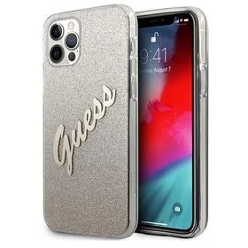 Guess GUHCP12MPCUGLSGO iPhone 12/12 Pro 6.1" auksinis kietasis dėklas Glitter Gradient Script