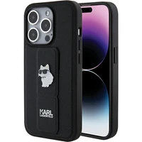 Karl Lagerfeld dėklas telefonui su stovu Gripstand Saffiano Choupette Pins iPhone 15 Pro - juodas