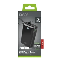 Išorinė baterija SBS 20000 mAh 20W su įmontuotu USB-C kabeliu ir skaitmenine indikacija - juoda