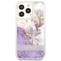 Guess GUHCP13LLFLSU iPhone 13 Pro / 13 6.1" violetinis kietas dėklas gėlių skystas blizgučiai
