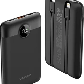 VEGER išorinė baterija 10000 mAh su įmontuotais kabeliais Type C / Lightning PD QC3.0 2A 22,5W C11 (W1170) juoda