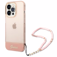 Guess GUHCP14LHGCOHP iPhone 14 Pro 6.1" rožinis/rožinis kietas dėklas Permatomas Perlų Dirželis